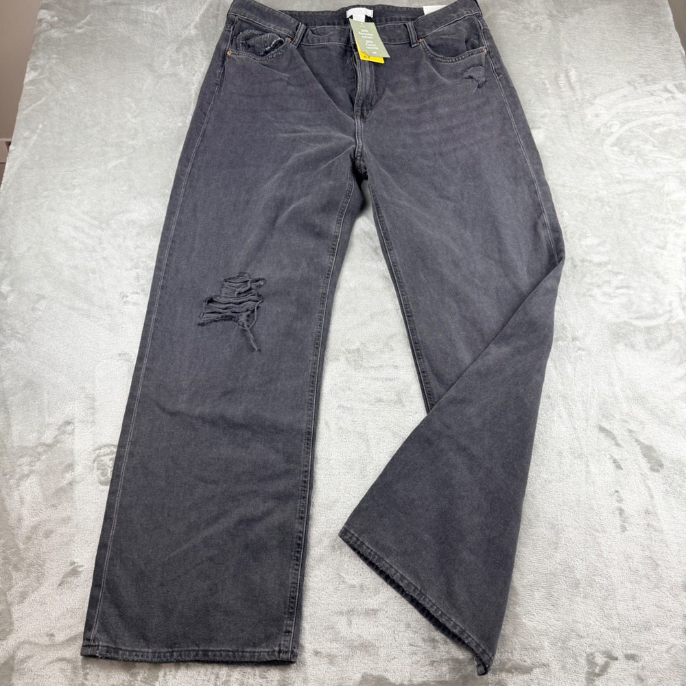 H&M Women's Wide High Jeans Dark Grey Washed Distressed Denim Size 18 NWT